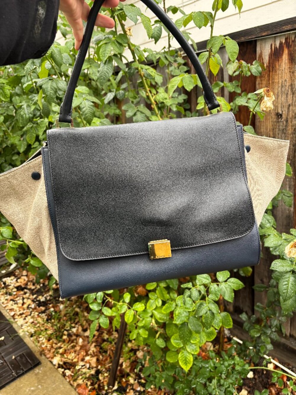 Authentic Celine Medium Trapeze Bag – Tri-Color Navy Blue & Black Leather with B